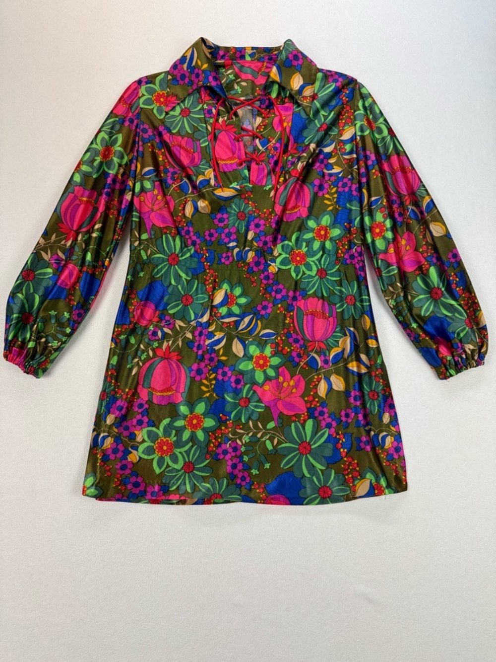 Vintage 60s 70s Mod Floral Mini Dress Boho Psychedelic Lace-Up Neck Long Sleeve - Picture 3 of 8